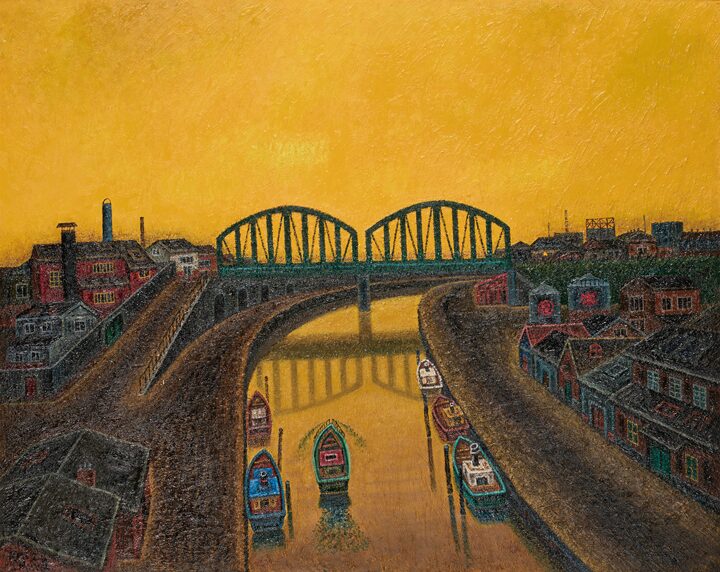 「運河の鉄橋 夕景」 F100 油彩
